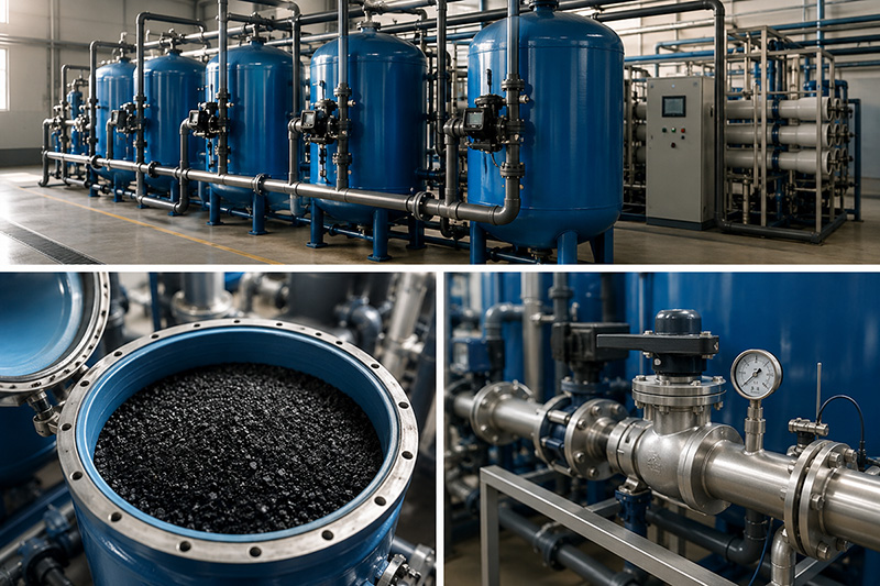 Sistema industrial de filtração com carvão ativado em vasos pressurizados azuis para tratamento de água