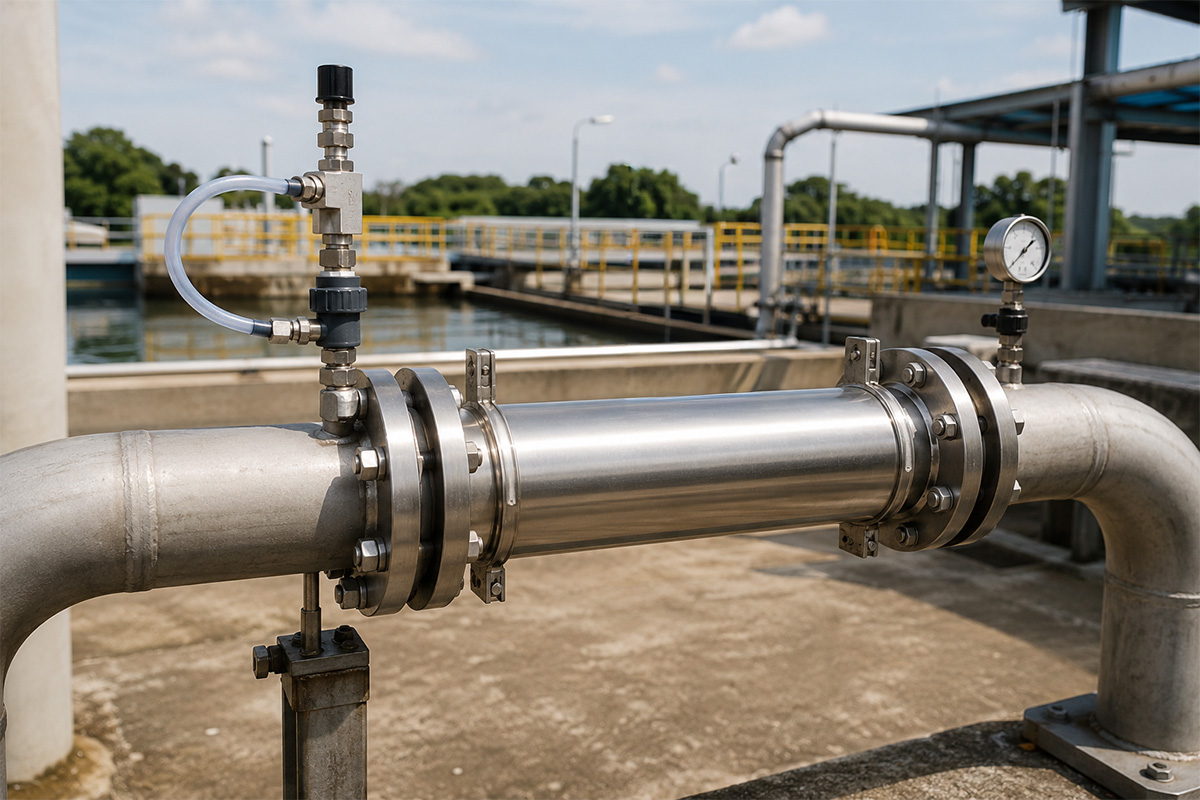 Misturador estático industrial instalado em tubulação para dosagem química