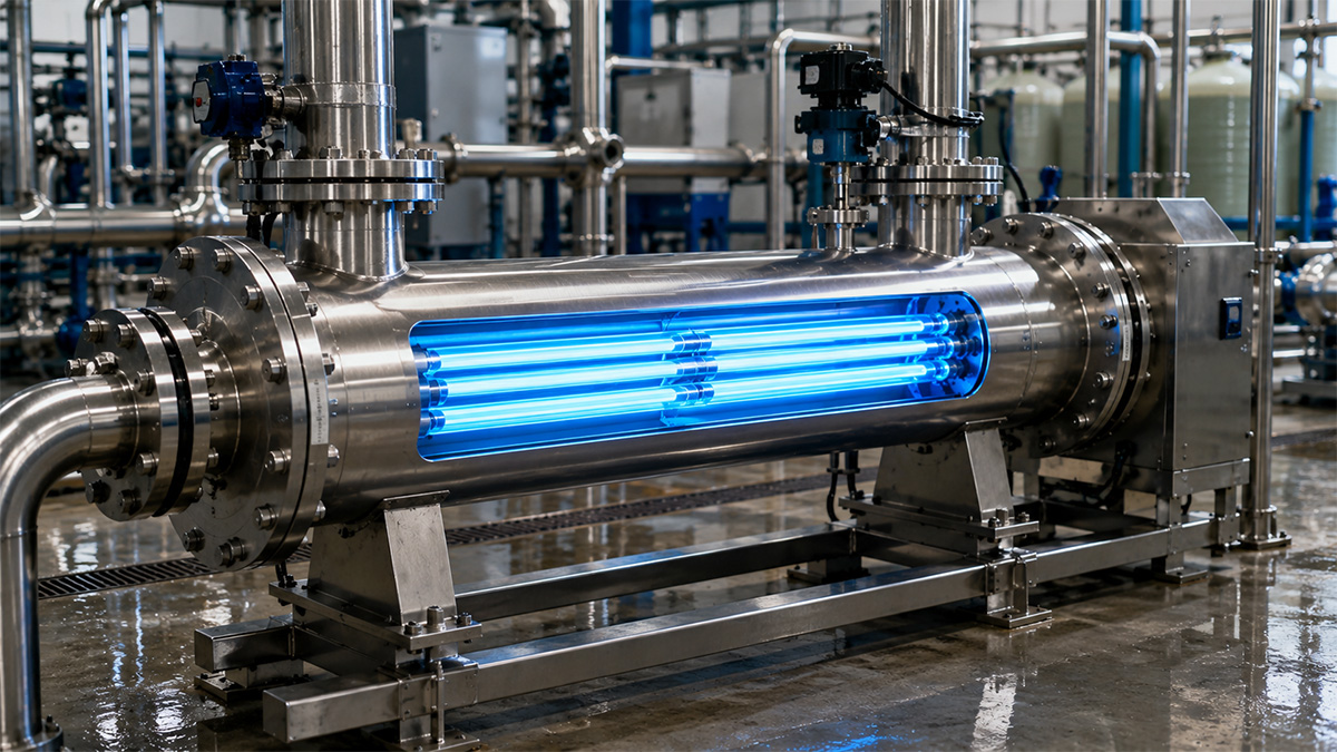 Sistema UV industrial utilizado para desinfecção de água com alta transmitância UV